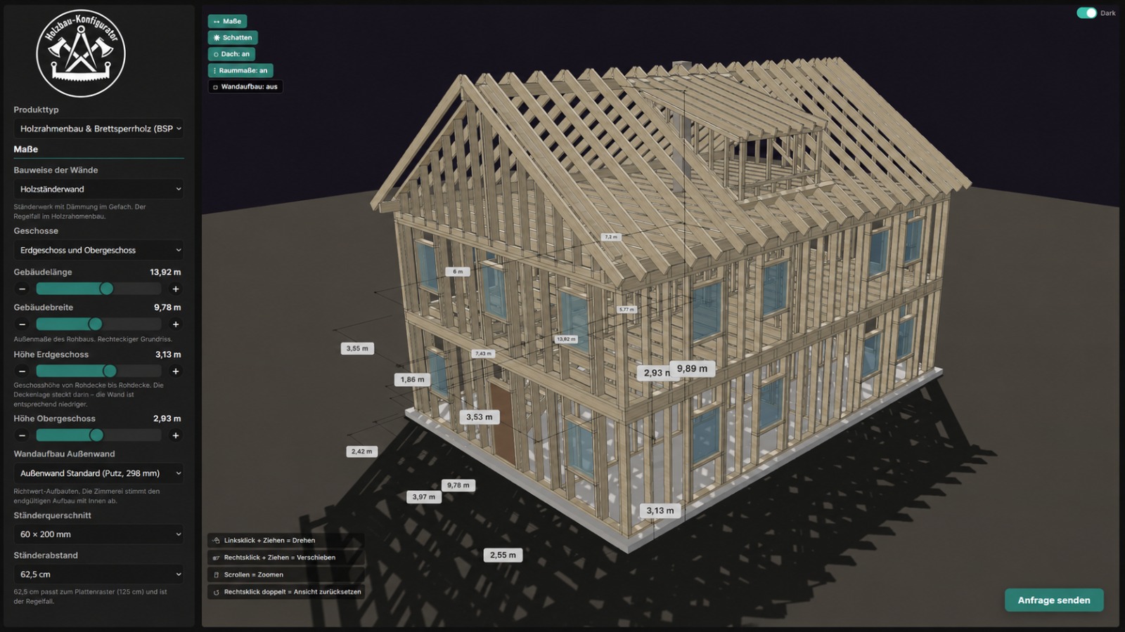 Holzbau-Konfigurator: Holzrahmenbau-Gebäude in 3D mit eingeblendeten Maßen, Ständerquerschnitt und Wandaufbau