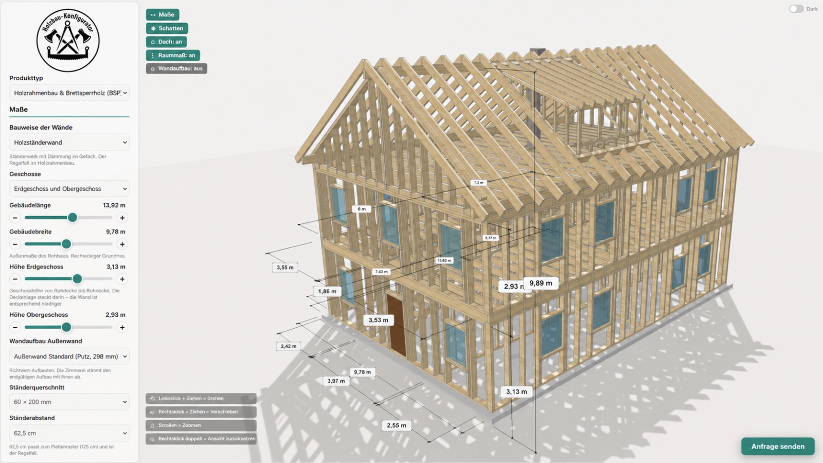 Holzbau-Konfigurator: Holzrahmenbau-Gebäude in 3D mit eingeblendeten Maßen, Ständerquerschnitt und Wandaufbau