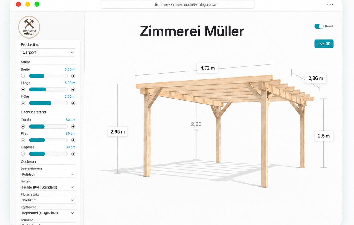 Konfigurator unter ihre-zimmerei.de/konfigurator mit Branding von Zimmerei Müller — eigenes Logo, Farben und 3D-Carport