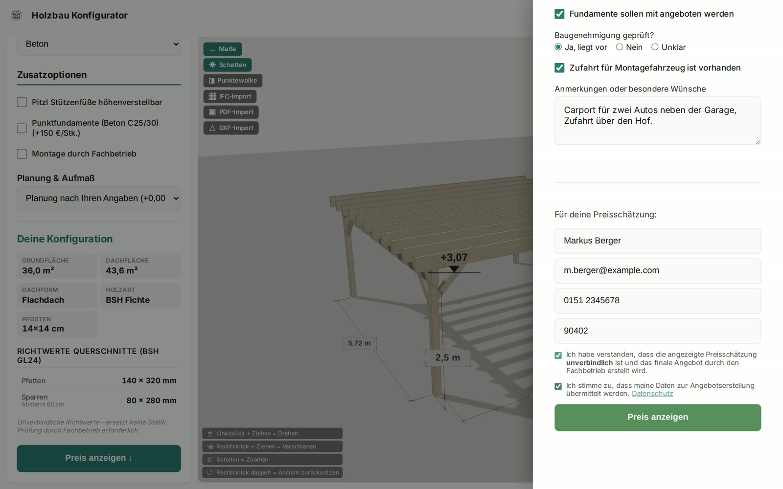 Konfigurator mit Carport und geöffnetem Anfrageformular: Projekt-Check, Name, E-Mail, Telefon und PLZ