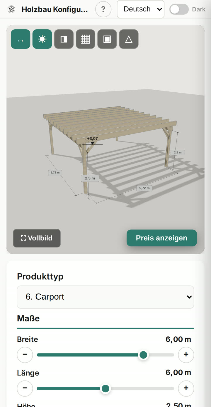 Der Konfigurator am Handy: Carport in 3D, darunter die Regler